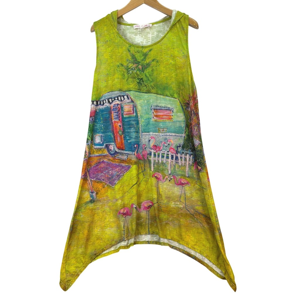 Leoma Lovegrove Camper Flamingo Hooded Tunic Dress Green Women XXL Art to Wear